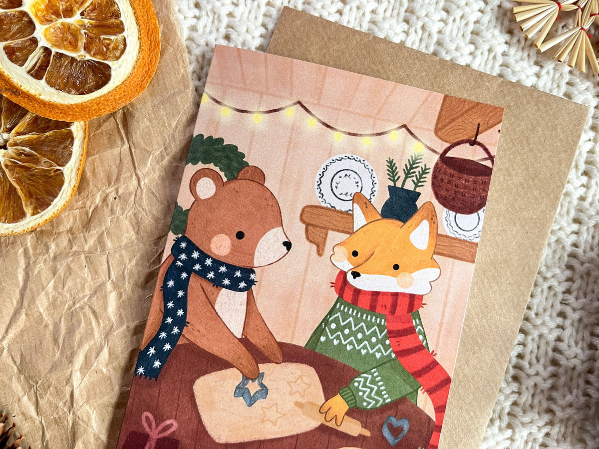 A6 Christmas Greeting Card with envelope - Fox and Bear baking Cookies
