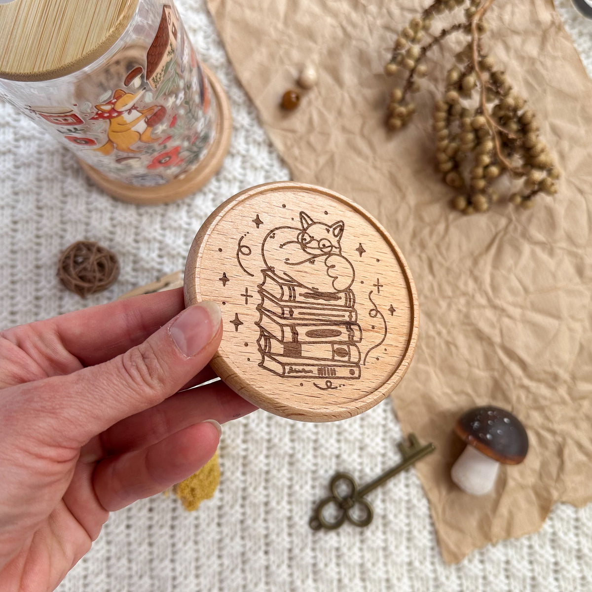 Wooden Coaster - Book Lover Fox
