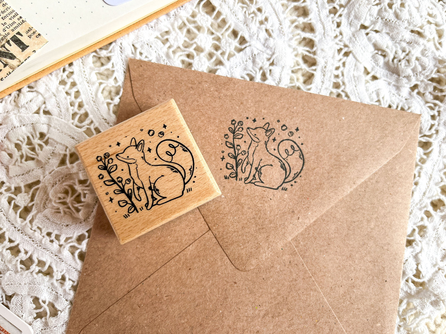 Wooden Rubber Stamp Fox & Blueberry