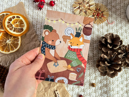 A6 Christmas Greeting Card with envelope - Fox and Bear baking Cookies