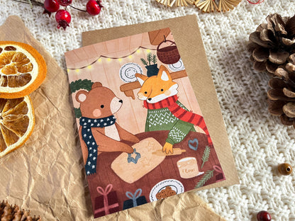 A6 Christmas Greeting Card with envelope - Fox and Bear baking Cookies