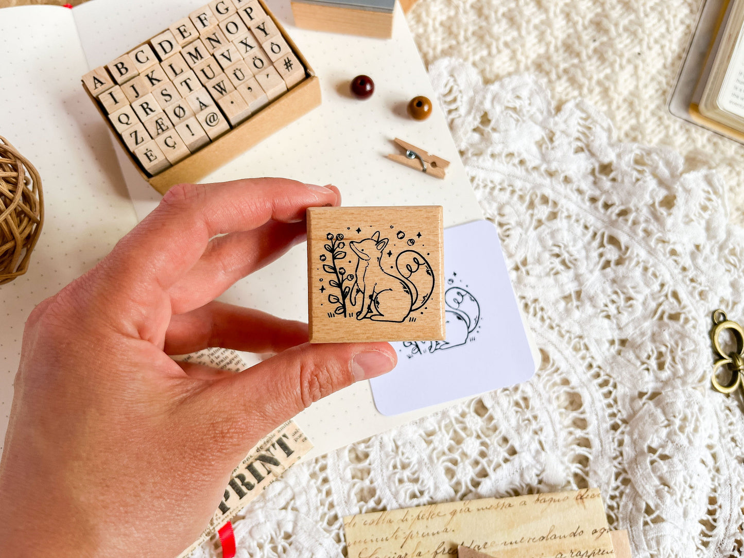 Wooden Rubber Stamp Fox & Blueberry