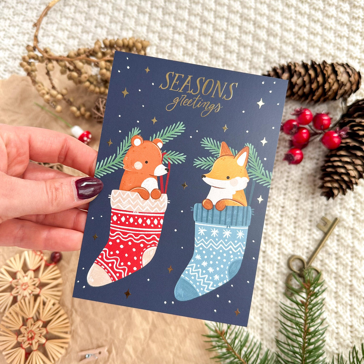 Gold Foil Christmas Post Card - Stockings