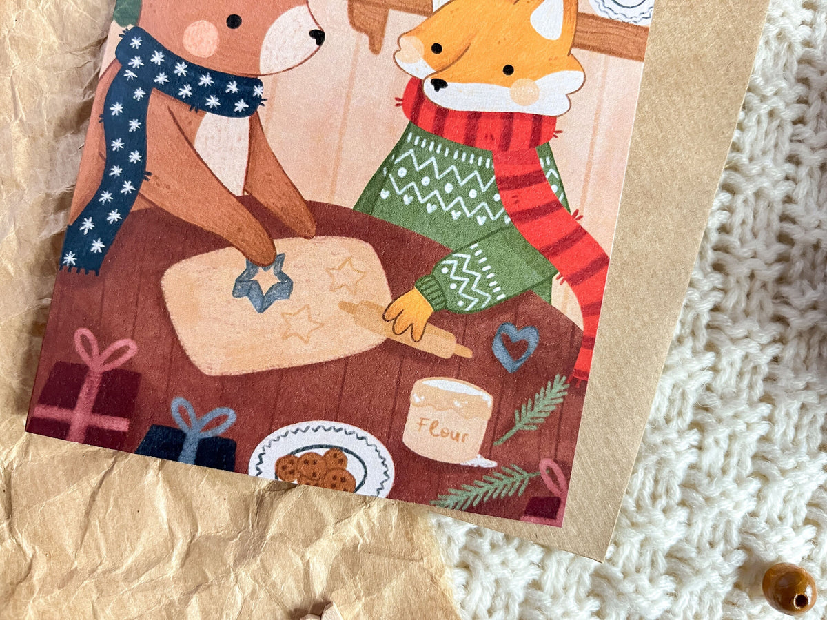 A6 Christmas Greeting Card with envelope - Fox and Bear baking Cookies