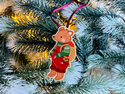 Wooden Christmas Tree Ornament - Cozy Bear