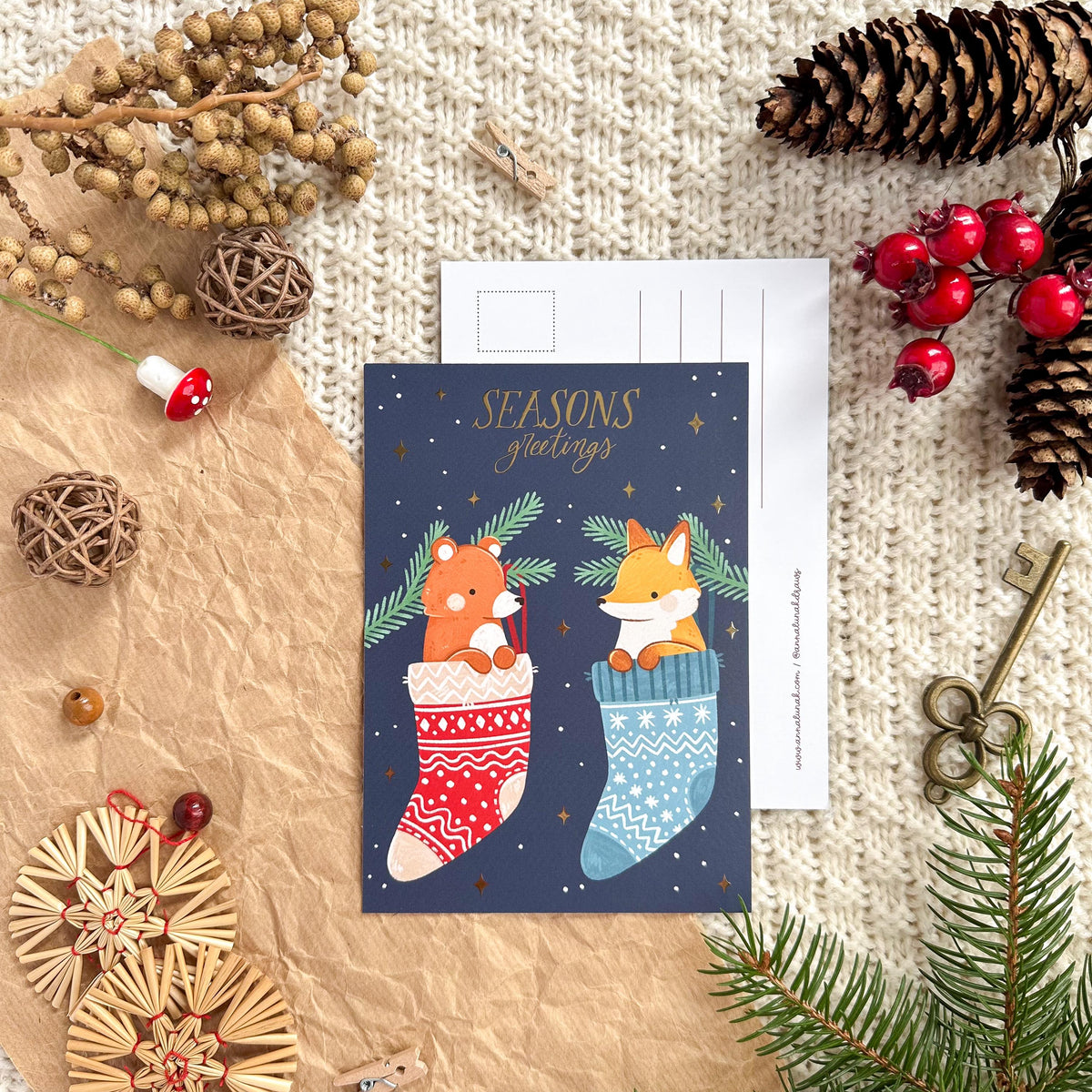 Gold Foil Christmas Post Card - Stockings