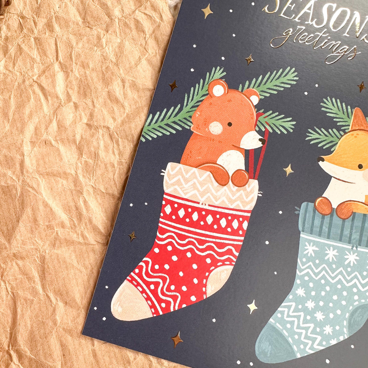 Gold Foil Christmas Post Card - Stockings