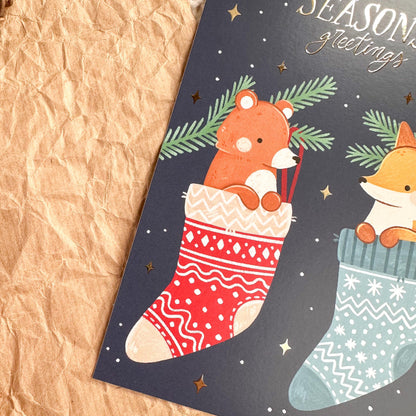 Gold Foil Christmas Post Card - Stockings