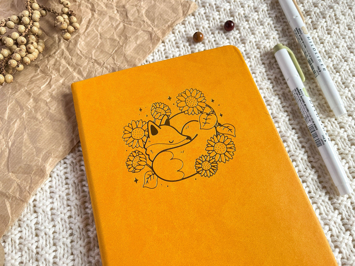 Sunflower Fox Gold Foil Dotted Hardcover Journal - A5