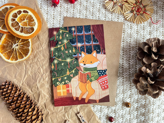 A6 Christmas Greeting Card with envelope - Fox reading by the Christmas Tree