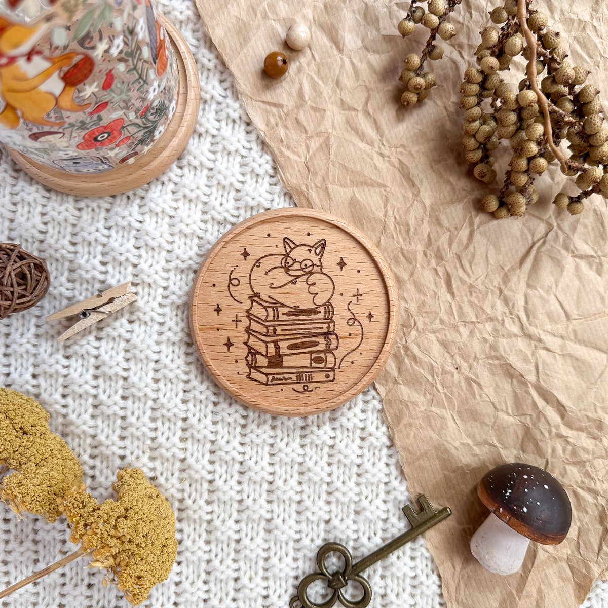 Wooden Coaster - Book Lover Fox