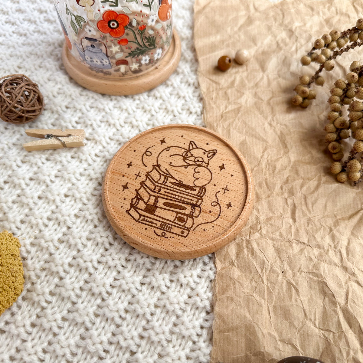 Wooden Coaster - Book Lover Fox