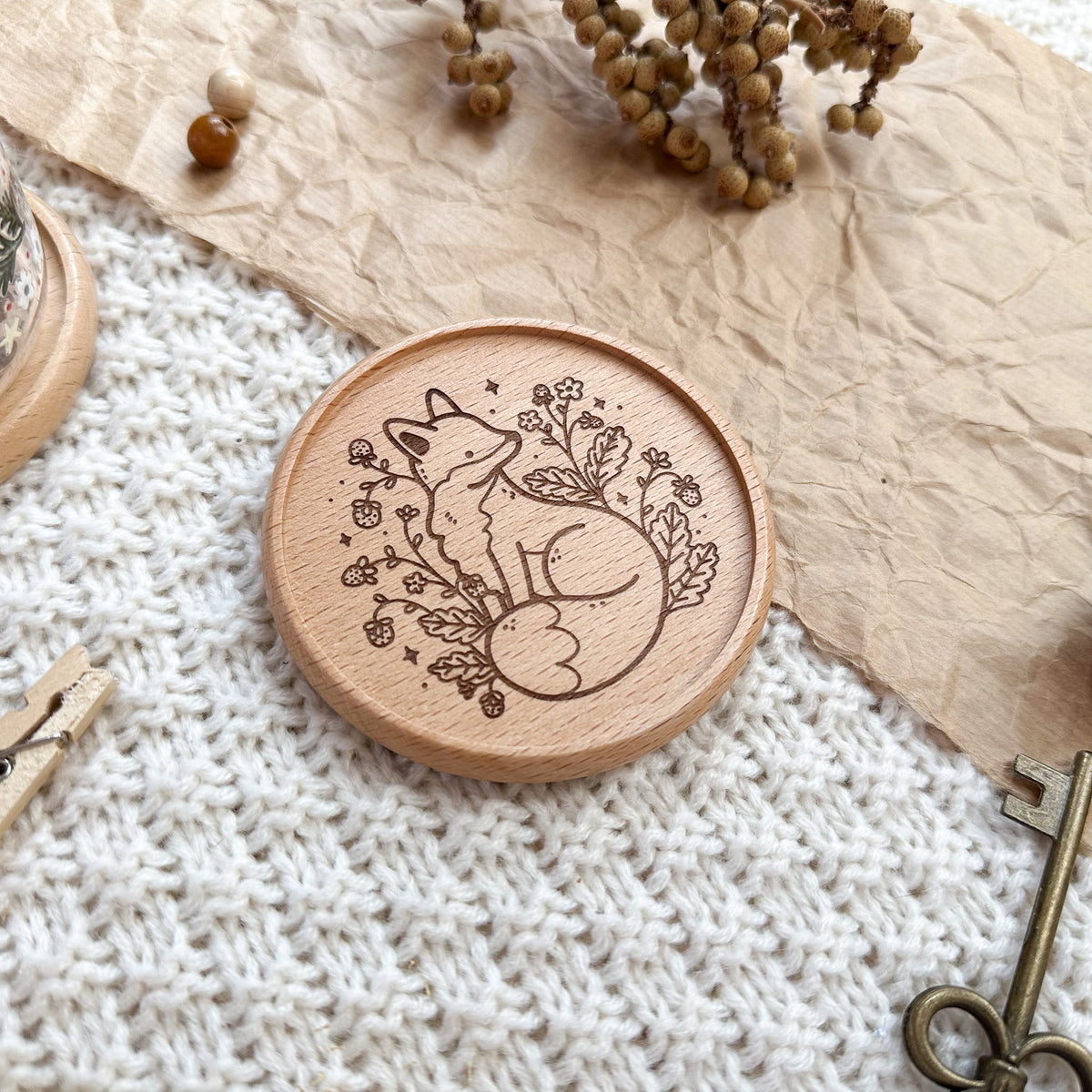 Wooden Coaster - Strawberry Fox