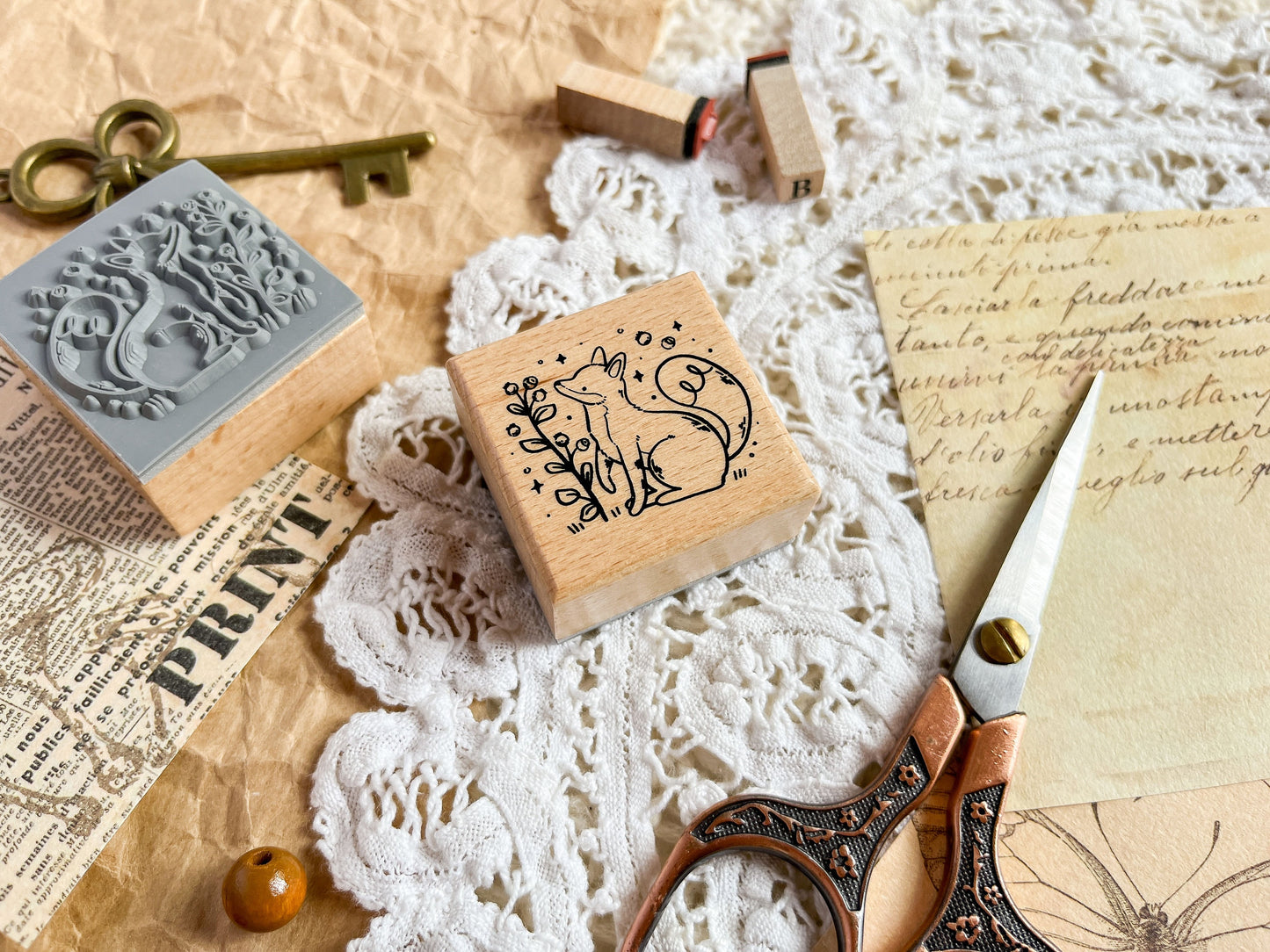 Wooden Rubber Stamp Fox & Blueberry