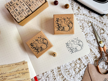 Wooden Rubber Stamp Fox & Blueberry