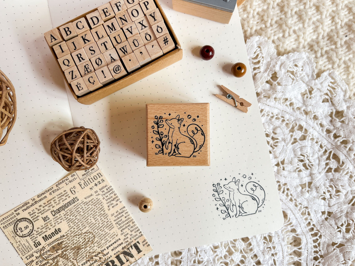 Wooden Rubber Stamp Fox & Blueberry