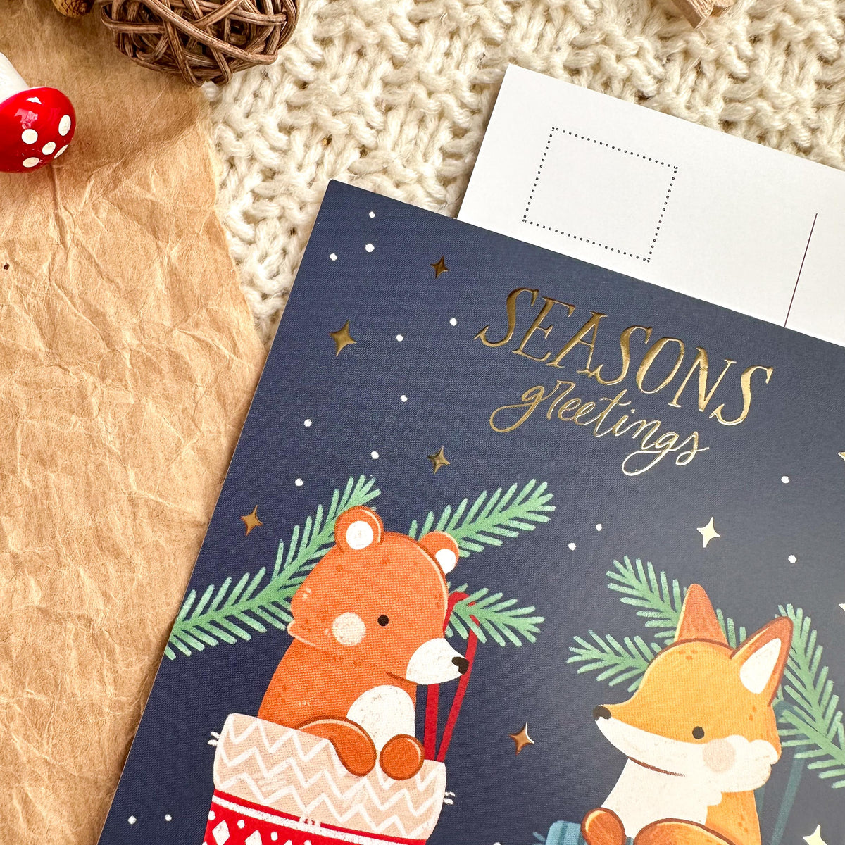Gold Foil Christmas Post Card - Stockings