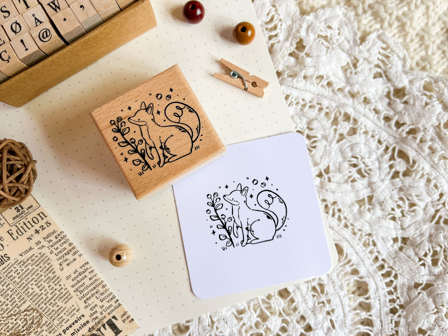 Wooden Rubber Stamp Fox & Blueberry