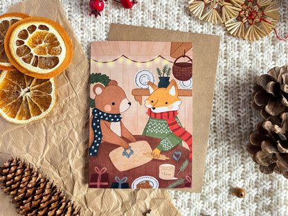 A6 Christmas Greeting Card with envelope - Fox and Bear baking Cookies